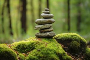 AI generated Pyramid stones balance on old mossy fallen tree. AI Generated photo