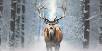 ai generado noble ciervo masculino en el invierno nieve bosque. artístico invierno Navidad paisaje. ai generado foto
