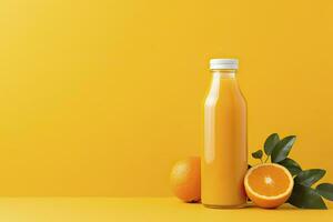 AI generated Orange Juice bottle on orange background. AI Generated photo