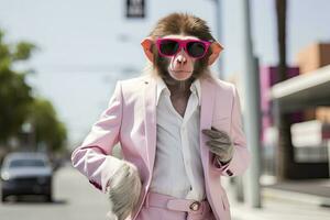 AI generated A Monkey is wearing sunglasses, suit and standing on street. AI Generated photo