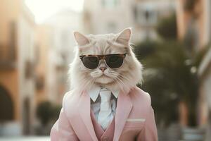 AI generated A cat is wearing sunglasses, suit and standing on street. AI Generated photo