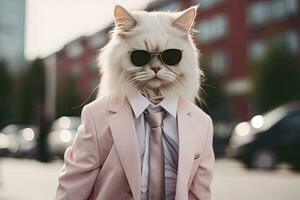 AI generated A cat is wearing sunglasses, suit and standing on street. AI Generated photo