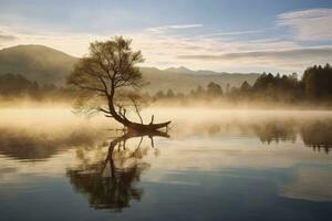 ai generado de wanaka solitario sauce árbol cuales es situado sólo apagado de el lago costa. ai generado foto