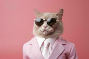 AI generated A cat is wearing sunglasses and suit on Pink Background. AI Generated photo