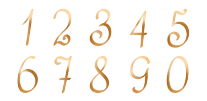 Numbers from one to ten decorated with golden metal effect monogram script illustration, design elements in simple handwritten style, decorative lettering collection, elegant luxurious vintage font png