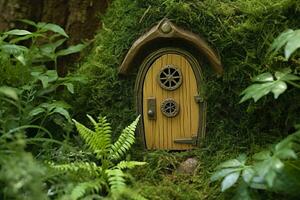 AI generated Little magic wooden fairy doors and plants leave on a mossy natural green background. AI Generated photo