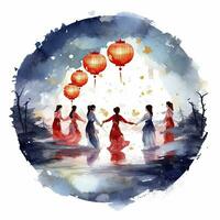 AI generated Lantern Festival in watercolor style. T-shirt Design. AI Generated photo