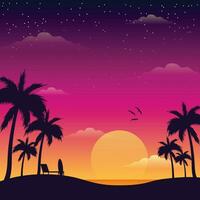 Gradient beach sunset landscape with palm tree background vector