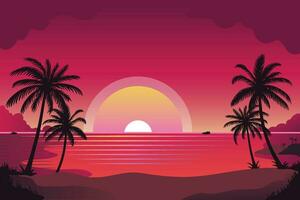 Gradient beach sunset landscape with palm tree background vector