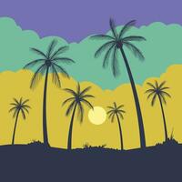 Gradient beach sunset landscape with palm tree background vector