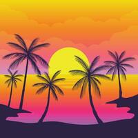 Gradient beach sunset landscape with palm tree background vector