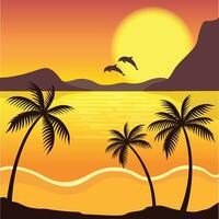 Gradient beach sunset landscape with palm tree background vector