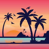 Gradient beach sunset landscape with palm tree background vector