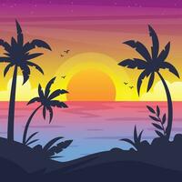 Gradient beach sunset landscape with palm tree background vector