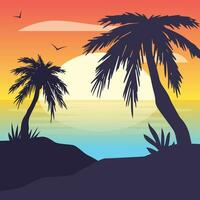 Gradient beach sunset landscape with palm tree background vector