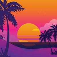 Gradient beach sunset landscape with palm tree background vector