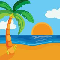 Gradient beach sunset landscape with palm tree background vector