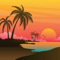 Gradient beach sunset landscape with palm tree background vector