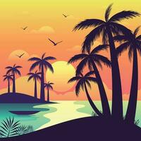 Gradient beach sunset landscape with palm tree background vector