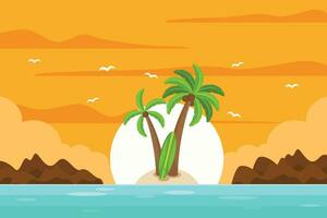 Gradient beach sunset landscape with palm tree background vector