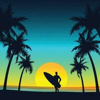 Gradient beach sunset landscape with palm tree background vector