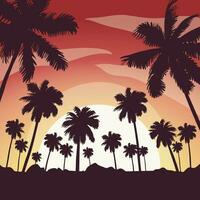 Gradient beach sunset landscape with palm tree background vector