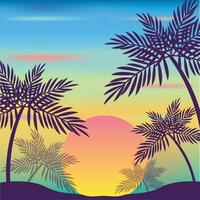 Gradient beach sunset landscape with palm tree background vector