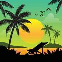 Gradient beach sunset landscape with palm tree background vector