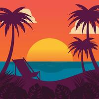 Gradient beach sunset landscape with palm tree background vector