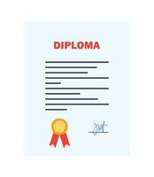 White unrolled paper diploma with yellow stamp and red ribbons. Graduation concept. Vector illustration.