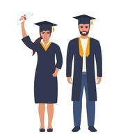 un par de felices graduados sonrientes con diplomas. hombre y mujer se graduaron de la universidad. ilustración vectorial aislado en blanco. vector