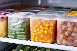 AI generated Frozen food in the freezer. Frozen vegetables. AI Generated photo