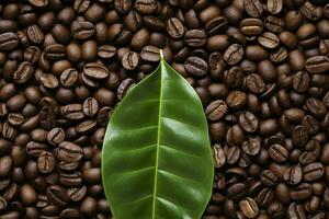 AI generated Green leaves with coffee beans as background. AI Generated photo