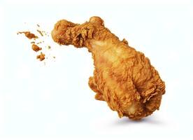 AI generated Fried chicken leg falling in the air isolated on a white background. AI Generated. photo