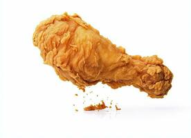 AI generated Fried chicken leg falling in the air isolated on a white background. AI Generated. photo