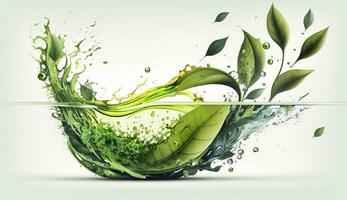 AI generated Green herbal tea wave splash with leaves flow. AI Generated photo