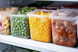 AI generated Frozen food in the freezer. Frozen vegetables. AI Generated photo