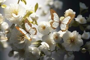 AI generated Goden butterflies with white flowers. AI Generated photo