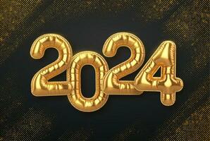 Happy New Year 2024. Golden balloon numbers 2024 on shimmering background. High detailed 3D realistic gold foil helium balloons. Bursting backdrop with glitters. Festive banner. Vector illustration.