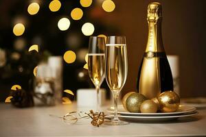 AI generated Christmas table setting with holiday decorations in gold color. AI Generated photo