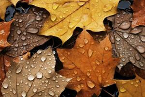 ai generado cerca arriba de caído hojas en suelo en otoño cubierto en gotas de lluvia. generativo ai. foto