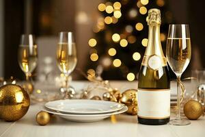 AI generated Christmas table setting with holiday decorations in gold color. AI Generated photo