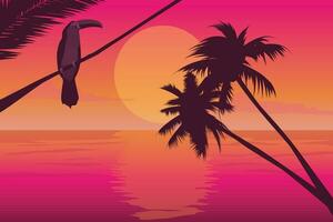 Gradient beach sunset landscape with palm tree background vector