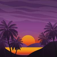 Gradient beach sunset landscape with palm tree background vector