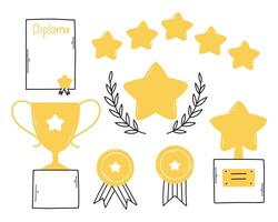 Set of premium awards icons in doodle style. Vector illustration. Linear awards, trophies, cups and diplomas.