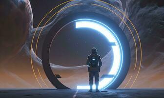 AI generated Astronaut in front of dimensional portal.  AI Generated. photo