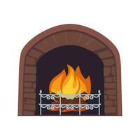 Fireplace with burning firewood. Home stone hearth with burning fire. Vector illustration.