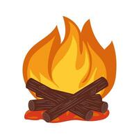 Burning fire on wood. Tourist cartoon bonfire. Fire icon on hot coals. Design element. Vector illustration.