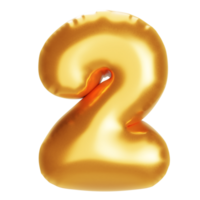 golden balloon number two on png transparent background. for advertisement and sale discount, realistic 3d render.