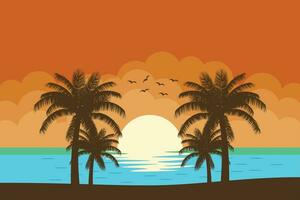 Gradient beach sunset landscape with palm tree background vector